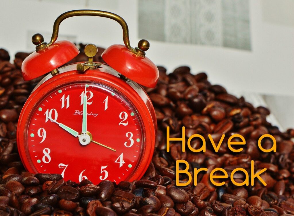 Clock and coffee photo as reminder to tplan to take a break